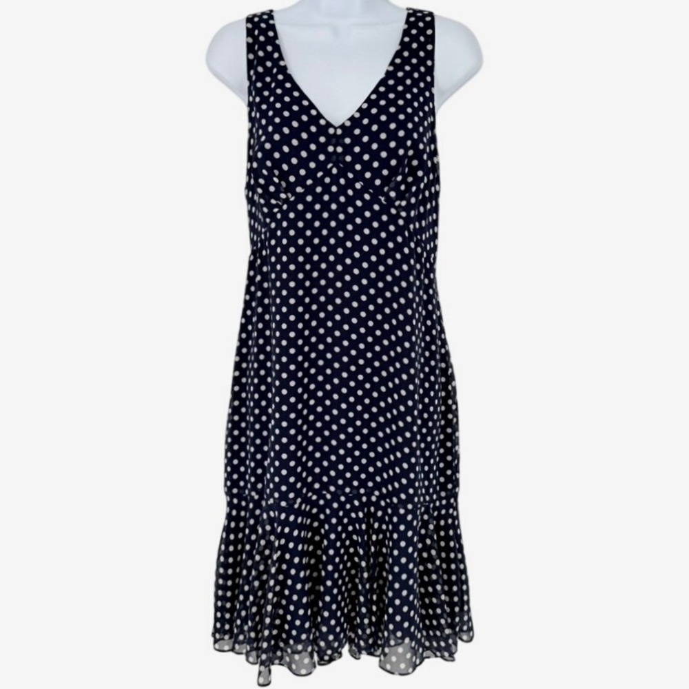 Lauren Ralph Lauren Navy‎ Blue White Polka Dot V-Neck Ruffle Hem Dress Pinup 8